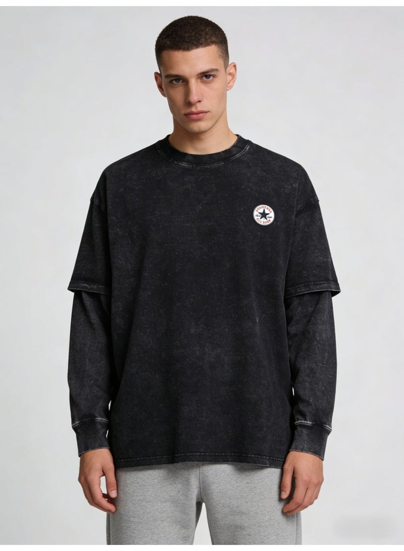 كونفرس Converse Black Acid Wash Double Layer Long Sleeve T-Shirt – Unisex Casual Streetwear - Image 1